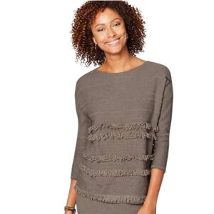 J. Jill Boat Neck Long Sleeves Fringe Wool Blend Sweater In Mocha Heather Sz M
